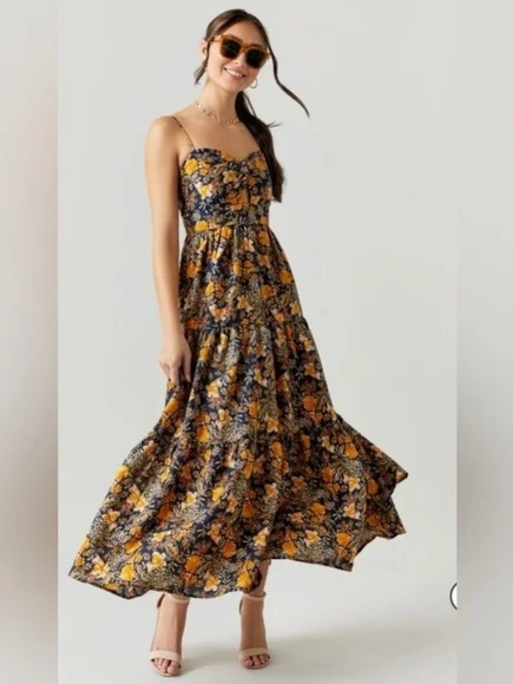 Floral Spaghetti-Strap Maxi Dress in Mustard and Black